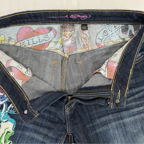 Ed Hardy Jeans Straight Leg Skull Rose Rhinestone Embroidered Painted Size 14 - Picture 6 of 14